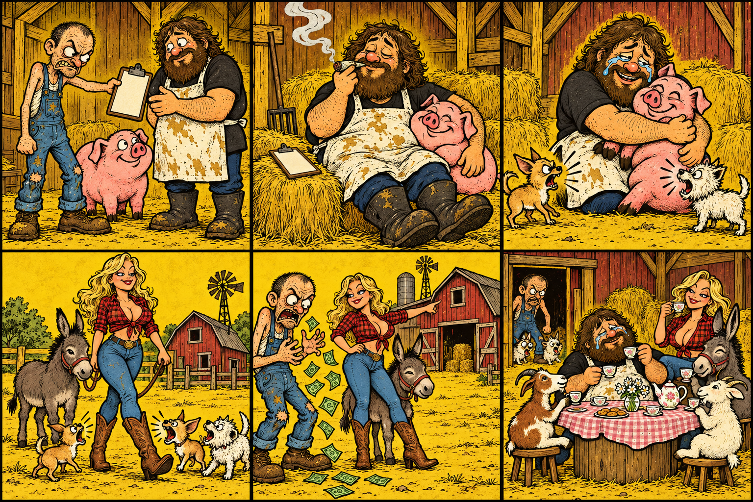 Comic panels showing Butcher Brain, Dennis the pig, a donkey, goats, and small dogs.